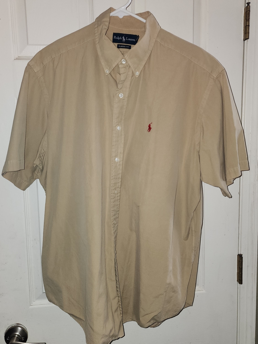 Ralph Lauren Tan Short-Sleeve Button-Down Shirt with Red Pony